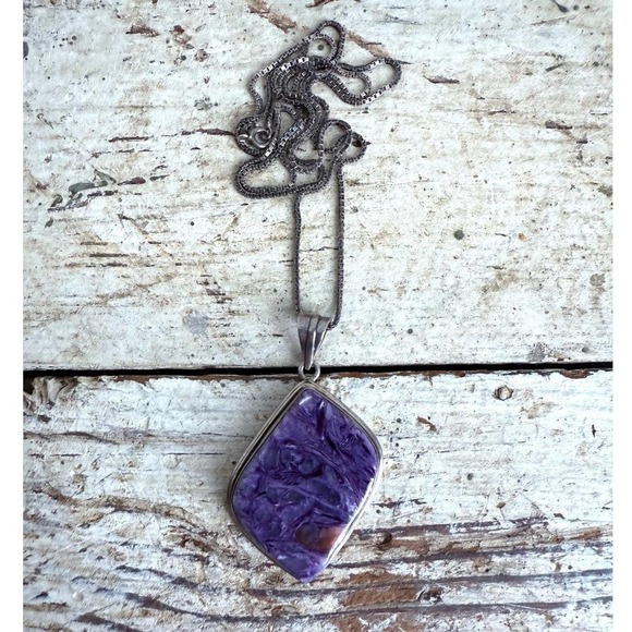 Sterling Silver Charoite Pendant Necklace Rectangular Gemstone